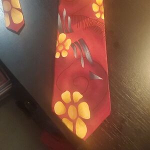 J. Garcia Red  Silk Tie with Yellow Floral Design